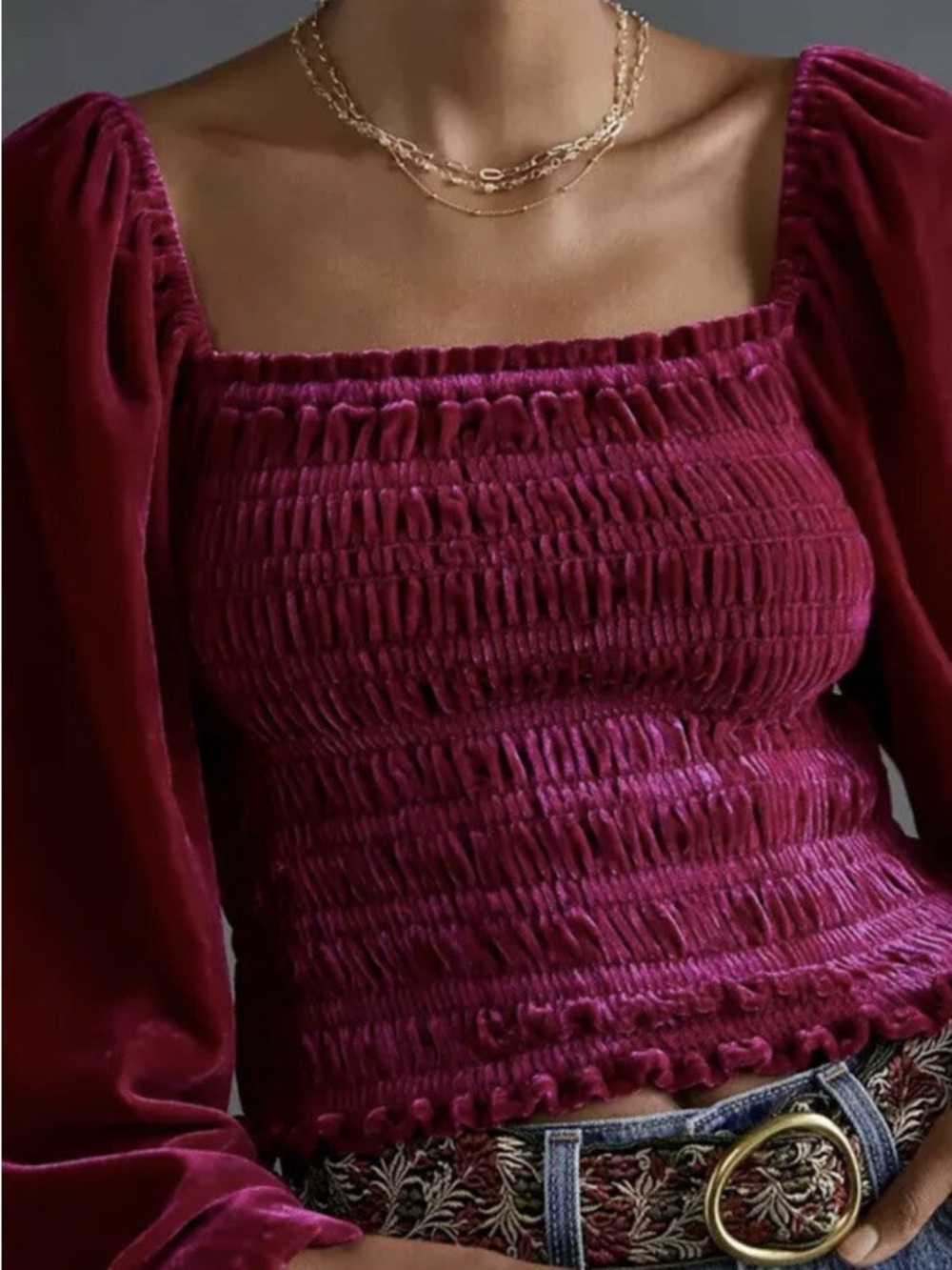 By Anthropologie Velvet Smocked Crop Top Magenta Size XXSP